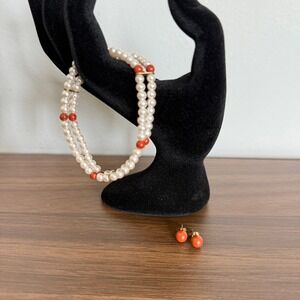 925 Sterling‎ Silver Faux Pearl Red Coral Bead Bracelet Earrings Set